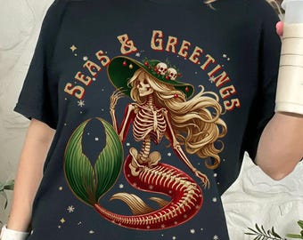 Skeleton Mermaid Christmas Tshirt Gothic Coastal Holiday Tee Alternative Xmas Gift Spooky Beach Nautical Christmas Ocean Siren Skull T-Shirt