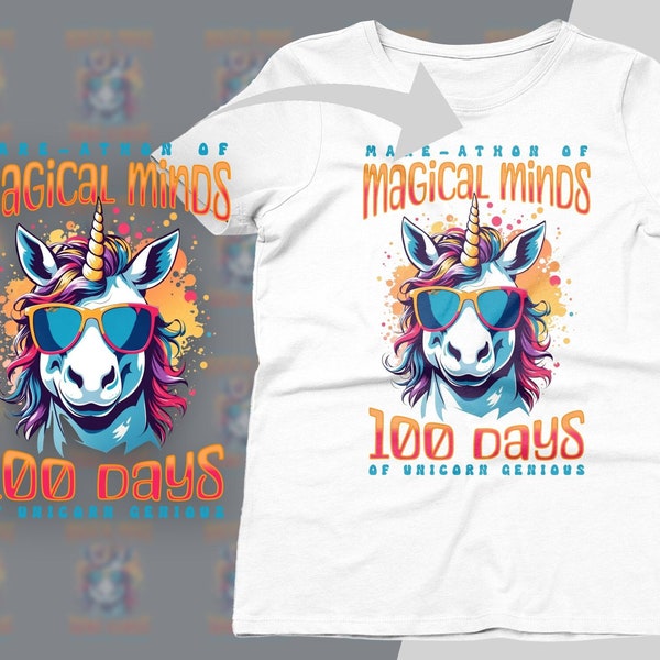 100th Day of School Unicorn PNG JPG, Happy 100 Days Celebration Horse Pony T-Shirt Design for Girls Kinds, Digital Download, Sublimation