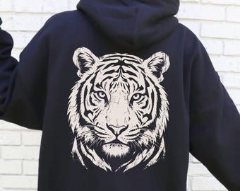 White Tiger Hoodie Linocut Shirt Animal Graphic Top Retro Big Cat Sweater Botanical Wildlife Pullover Block Print Hooded Sweatshirt