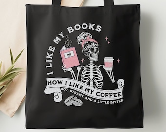 Smut and Coffee Skeleton Tote Bag, Spicy Reader Skull Library Book Bag, Gift for Smut Reader Fan Caffeine Lover, Shopping Bag, Grocery Bag