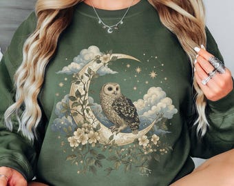 Boho Celestial Owl Sweatshirt Cottagecore Apparel Forestcore Crewneck Witchy Hoodie Whimsigoth Pullover Moon and Stars Fairycore Clothing