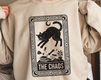 黒猫タロットカードスウェットシャツ　世俗的なタロットパーカー　神秘的なカード　プルオーバー　魔女っぽい服　面白い猫好き　クルーネックセーター　ウィムシゴス　トップス