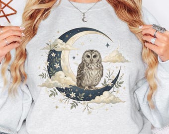 Boho Celestial Owl Sweatshirt Cottagecore Apparel Forestcore Crewneck Witchy Hoodie Fairycore Clothing Whimsigoth Moon and Stars Youth Hoody