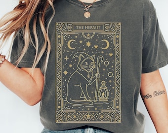 Hermit Tarot Shirt Black Cat Tarot Card Shirt Secular Tarot Shirt Mystical Cards Shirt Cat Lover Tarot Witchy Cat Shirt Tarot Card Tee