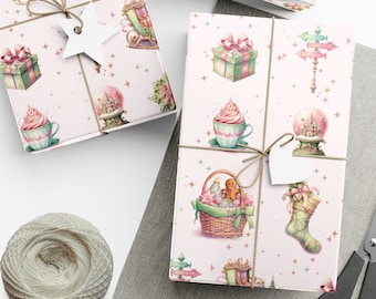 Pink Christmas Wrapping Paper, Christmas Wrapping Paper, Girls Wrapping Paper Roll, Pastel Holiday Gift Wrap, Eco-Friendly Gift Wrap