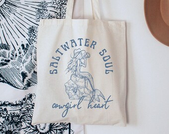 Coastal Cowgirl Tote Bag Beachy Mermaid Core Canvas Book Bag Costal Cowgirl Mermaidcore Country Girl Beach Lover Gift Western Reusable Bag
