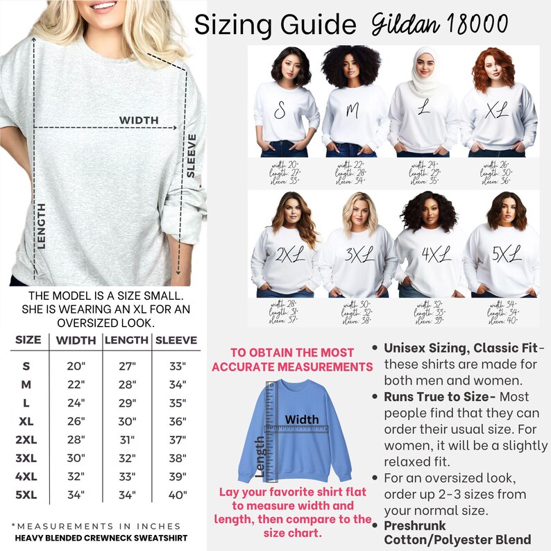 May include: A sizing guide for a Gildan 18000 heavy blend crewneck sweatshirt. The guide includes measurements in inches for sizes S through 5XL, along with a model wearing an XL for an oversized look. The guide also includes information on how to measure the shirt.