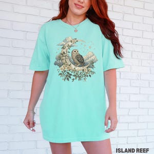 May include: A light turquoise t-shirt featuring a detailed illustration of an owl perched on a crescent moon. The design includes clouds, flowers, and stars. The text "ISLAND REEF" is printed at the bottom of the shirt.