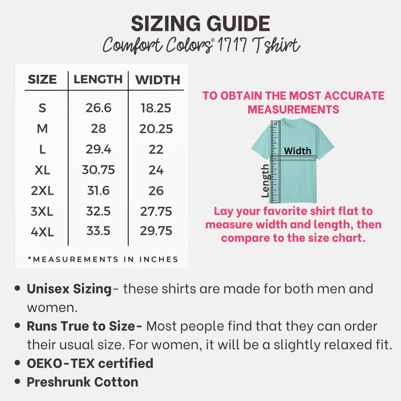 May include: A sizing guide for Comfort Colors 1717 T-shirts. The chart shows shirt sizes S to 4XL with length and width measurements in inches. Instructions are included to measure a shirt for comparison. The text also mentions unisex sizing and OEKO-TEX certification.