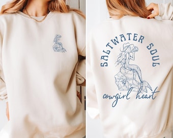 Sweat-shirt sirène de cow-girl côtière avec poche imprimée Sweat-shirt de plage sirène Vêtements de cow-girl côtière chemise de plage à col ras du cou à la mode
