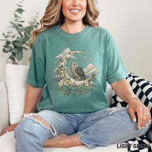 May include: Light green t-shirt featuring a detailed illustration of an owl perched on a crescent moon, surrounded by clouds and flowers. The text "LIGHT GREEN" is at the bottom right corner. The shirt is a relaxed fit.
