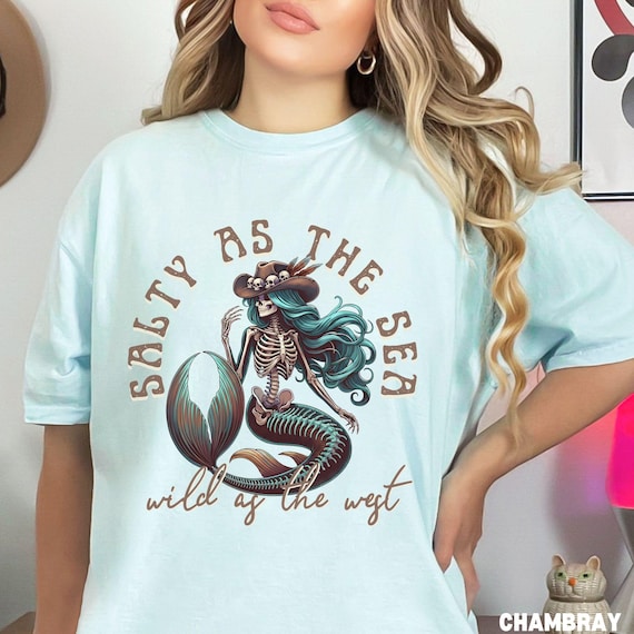 Dark Mermaid Skeleton T-Shirt Gothic Coastal Cowgirl Ocean Siren Tee Western Beach Goth Skull Shirt Nautical Tee Witchy Halloween Tshirt