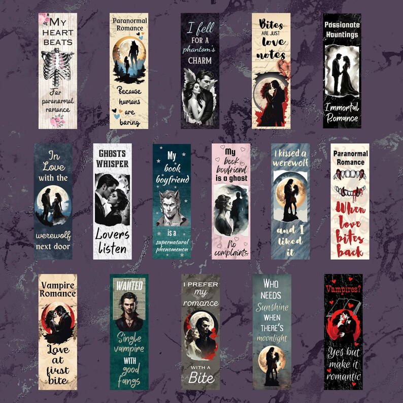 Paranormal Romance Bookmark PNG Bundle, Vampire Smut Bookmark Sublimate, Werewolf Smutty Reader PDF Digital Download, Spicy Adult Bookmarks image 1