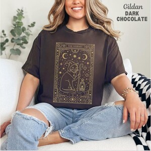May include: Dark chocolate-colored t-shirt featuring a gold-colored illustration of a cat dressed as a wizard, holding a staff and lantern. The text "THE HERMIT" is at the top of the design. The shirt is a Gildan brand.