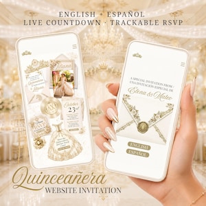 May include: Two smartphones displaying a digital Quinceañera invitation website. The screens feature gold and white floral graphics, an envelope with a wax seal, a dress illustration, and text including "A SPECIAL INVITATION FROM" and "Elena & Mateo".