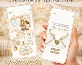 Digital Quinceanera Invitation with RSVP Ivory Gold Charro Quince Invitations Sweet 16 Bilingual Mis XV Anos Canva Website Template
