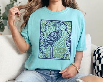 Blue Heron Tshirt Bird Nerd Linocut Shirt Great Heron Youth Girls Long Sleeve Bird Watching Graphic Tee Wildlife Tank Top Birdwatchers Gift