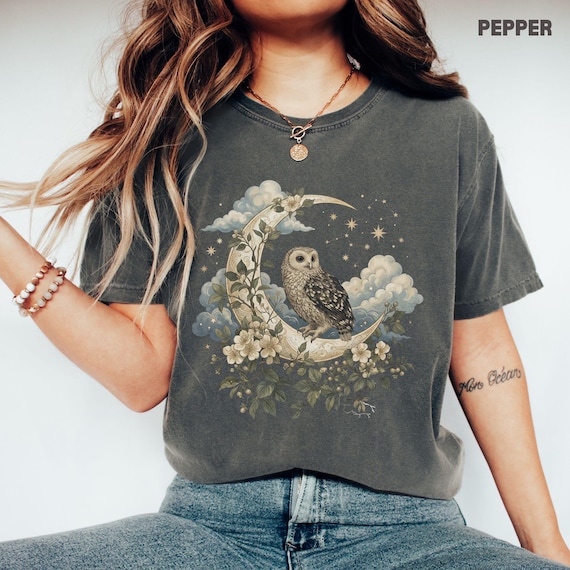 Boho Celestial Owl Shirt Cottagecore Apparel Forestcore Long Sleeve Tee Witchy Tank Top Whimsigoth Moon and Stars Fairycore Clothing