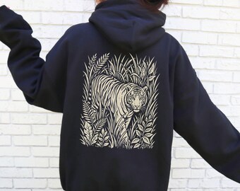 White Tiger Hoodie Linocut Shirt Animal Graphic Top Retro Big Cat Sweater Botanical Wildlife Pullover Block Print Hooded Sweatshirt
