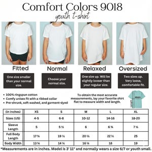 May include: White Comfort Colors youth t-shirts in four different fits: Fitted, Normal, Relaxed, and Oversized. The image includes a size chart with measurements in inches for XS to XL sizes. The shirts are made of 100% ringspun cotton and have a ribbed collar.