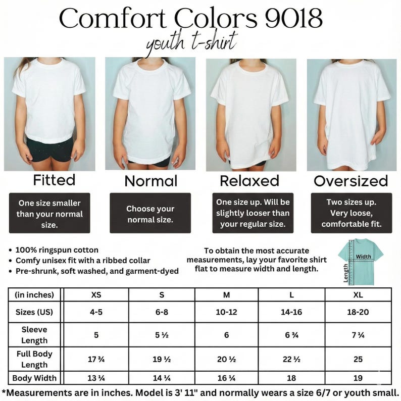 May include: White Comfort Colors youth t-shirts in four different fits: Fitted, Normal, Relaxed, and Oversized. The image includes a size chart with measurements in inches for XS to XL sizes. The shirts are made of 100% ringspun cotton and have a ribbed collar.