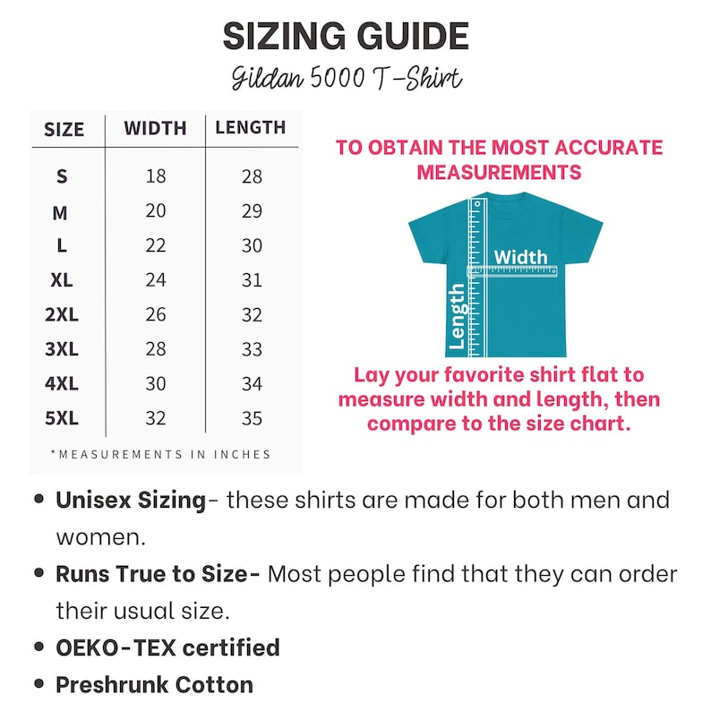 May include: A sizing guide for Gildan 5000 T-shirts, with measurements in inches. The guide includes size, width, and length for sizes S to 5XL. Instructions are provided to measure a shirt for accurate sizing. The guide also notes unisex sizing and OEKO-TEX certification.