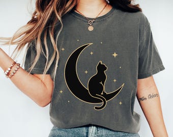Black Cat Moon Shirt Crescent Moon Celestial Cat Shirt Mystical Cat Tank Mystic Cat Tshirt Long Sleeve Minimalist Cat Shirt Youth Cat Tee