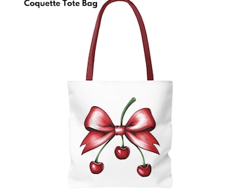 Torba typu tote z wiśni Coquette, Torba typu tote z kokardą z owoców Coquette, Torba typu tote z lata, Torba typu tote estetyczna, urocza torba typu tote z wiśni, Uroczy wzór kokardy z wiśni
