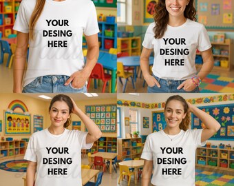 May include: Four images of people wearing white t-shirts with the text "YOUR DESING HERE". The images are in a classroom setting. The top right image has a person wearing a bracelet. The top left image has a person wearing blue jeans.