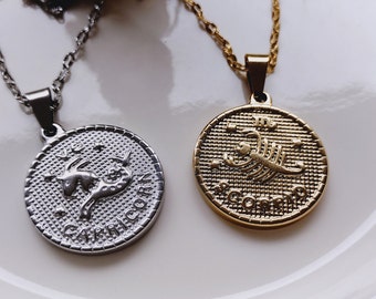 Zodiac Coin Pendant Necklace | Stainless Steel Astrology Charm