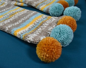 Long Colourful Double-Layered Knitted Scarf with Pompom - Variegated Scarf with Mustard and Bright blue Bobbles - Gift for Her