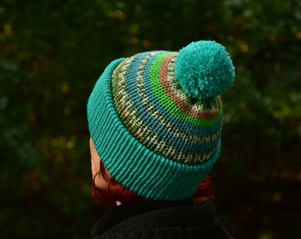 Knit Warm Hat Beanie GREENY with Mint Brim and Bobble, Multicolor Beanie, Warm Beanie with Pom Pom, Gift for her, ADULT Beanie, mit Pompon
