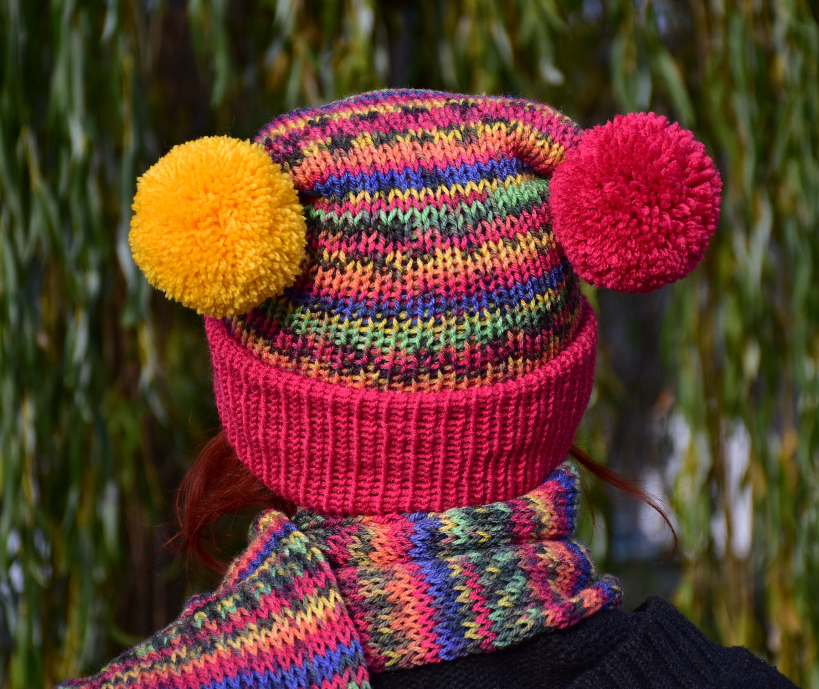 Knitted Double Pompom Beanie Hat with Two Bobbles