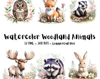 Watercolor Woodland Animals PNG Bundle | 12 Cute Woodland Animal Clipart | Nursery Baby Shower Print Design | Commercial Use + Transparency