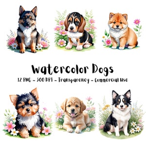 Watercolor Dogs PNG Bundle | 12 Cute Dogs Animal Clipart | For Nursery Baby Shower Print Design | Commercial Use + Transparency