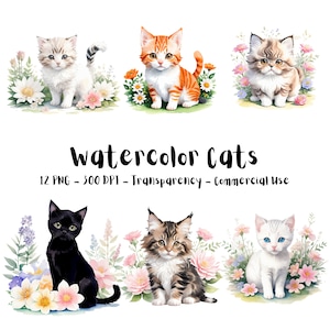 Watercolor Cats PNG Bundle | 12 Cute Cats Animal Clipart | For Nursery Baby Shower Print Design | Commercial Use + Transparency