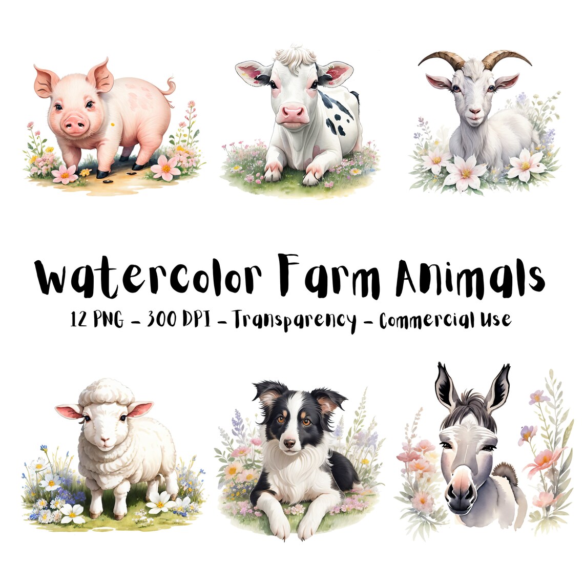 Watercolor Farm Animals PNG Bundle | 12 Cute Barnyard Animal Clipart ...