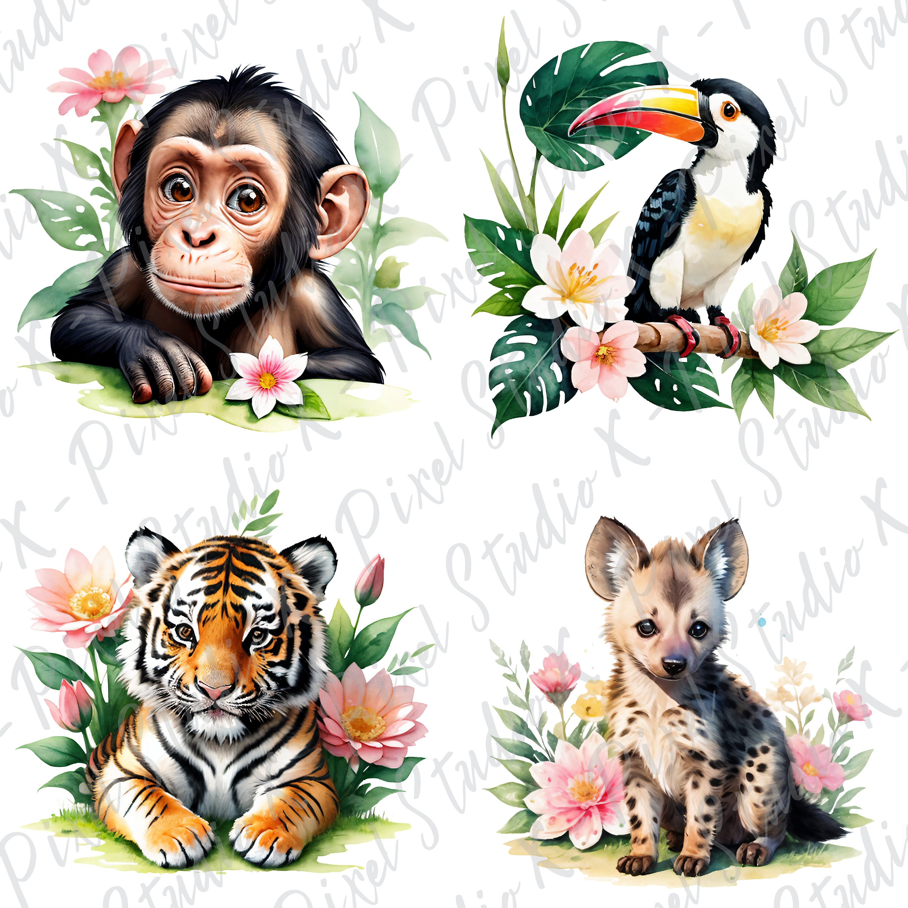 Watercolor Safari Animals PNG Bundle | 12 Cute Jungle Animal Clipart ...
