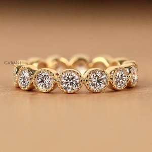 Round Diamond Wedding Band For Women, 14k Gold Milgrain set Lab Grown Diamond Eternity Band, Bezel set Comfort Fit Stackable Band, Ring Gift