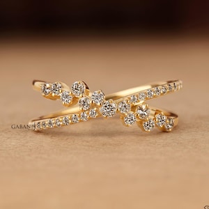 Criss Cross Wedding Band, X Cluster Lab Grown Diamond Band For Women, 14k Yellow Gold Statement Ring, Thick Stackable Band, Anniversary Ring