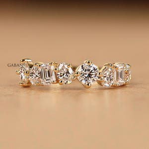Lab Grown Diamond Wedding Band in 14K Yellow Gold, Multi Shaped Diamond Half Eternity Band, Anniversary Ring For Women, Stackable Ring Gift