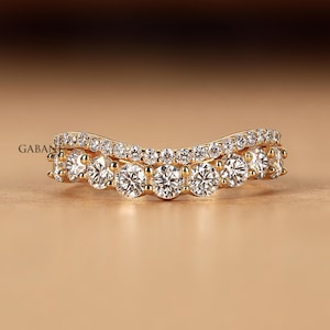 Round Diamond Curved Wedding Band in Yellow Gold, Lab Created Diamond Matching Band, Chevron Half Eternity Band, Handmade Anniversary Ring