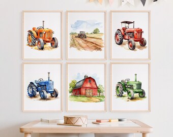Traktor Wandbilder, digitaler Download, Kinderzimmer Dekor, 6er Set Drucke, Kinderzimmer Wandkunst, Boho Kinderzimmer Drucke, Bauernhof Dekor, Traktoren