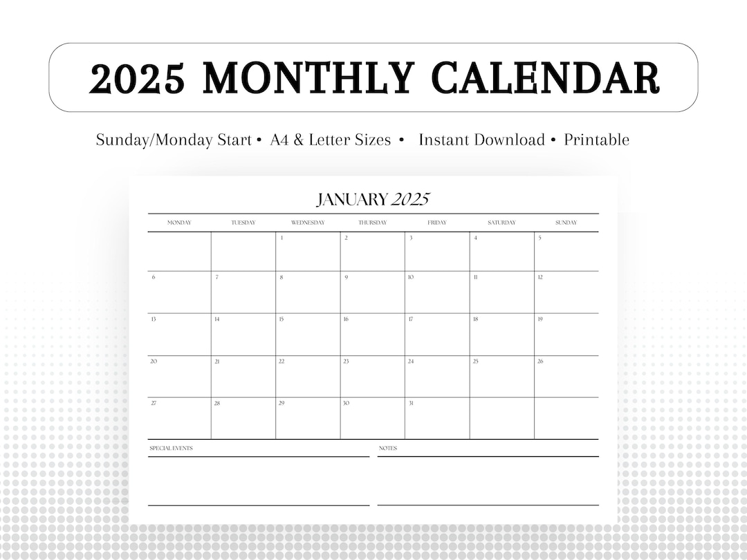 2025 Printable Calendar PDF Monthly Agenda Calendar Wall Calendar