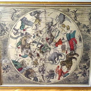 May include: A vintage, illustrated map of the constellations, framed in gold. The map is circular and features detailed drawings of the constellations, including the zodiac signs. The map is titled "Coelum Stellatum Reale O.V.M."