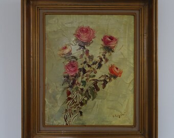 Framed Vintage Oil Painting, "Greek Roses", signed original mid century, still life flowers floral, impressionist bloom, gold gilt frame