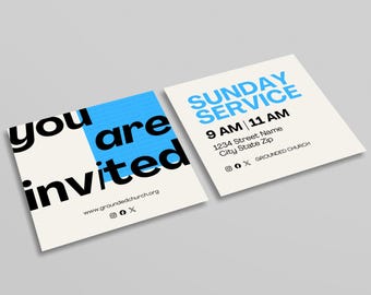 Modelo de convite para igreja, design editável, convite quadrado, cartão digital para culto de domingo, formato compatível com o Canva, estilo moderno.