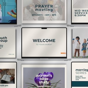 Könnte beinhalten: Eine Sammlung digitaler Vorlagen für Kirchenpräsentationen, die auf mehreren Laptop-Bildschirmen angezeigt werden. Die Designs zeigen dunkel-türkisfarbenen Text auf cremefarbenem Hintergrund, einschließlich Titeln wie Welcome to Your Church.