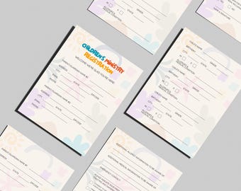 May include: Children's Ministry Registration forms printed on off-white paper with pastel-colored abstract shapes. The forms feature fields for parent and guardian contact information, child details, medical conditions, and emergency contact information.