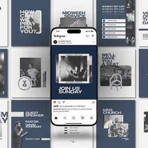 May include: A smartphone displaying an Instagram feed for Grounded Church, featuring a central post with the text JOIN US SUNDAY. The surrounding background shows a grid of various church-related social media graphics in navy blue and white.